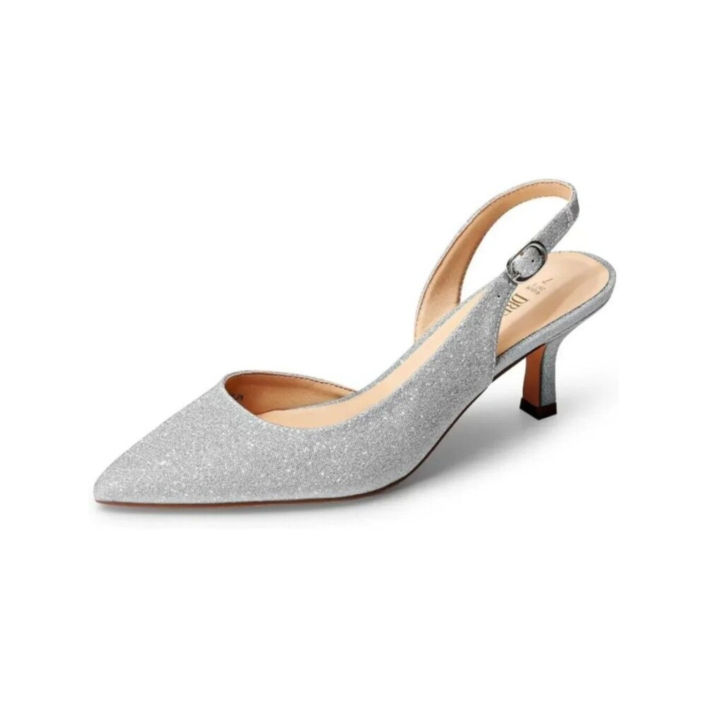 NIB DREAM PAIRS Womens 9.5 SilverGlitter Slingback Pump Pointed Toe Kitten Heel